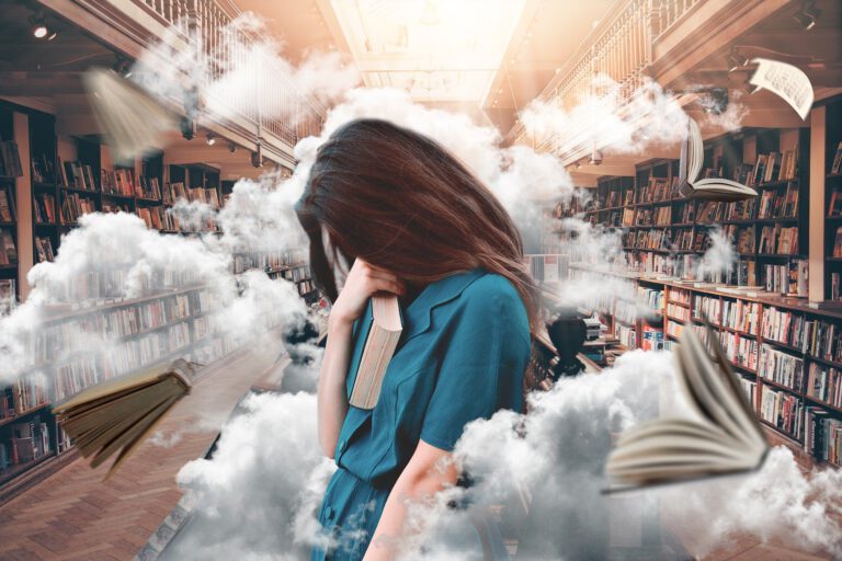 Frau mit Stress in einer Bücherei